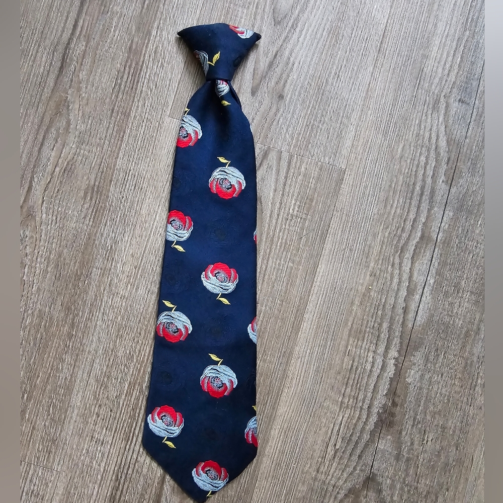 Vintage retro clip on tie navy blue with rose pattern